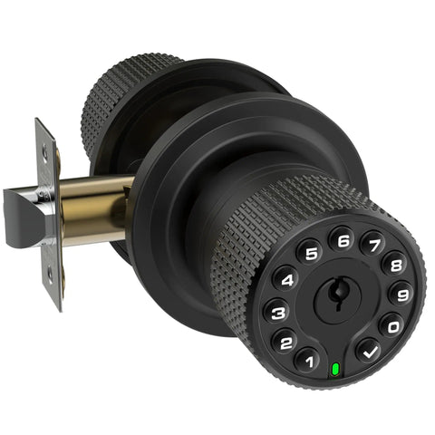 Keypad Door Lock With 50 User Codes And Auto Lock, Waterproof Matte Black, Keyless Entry for Home or Apartment shown from side view.