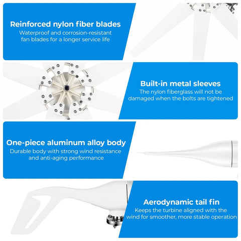 Reinforced nylon blades and aluminum body of 2000W Wind Turbine Generator Kit for 24V Home, RV, and Boat Use