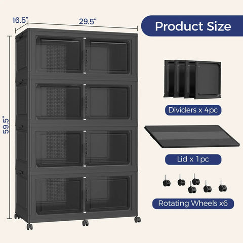4 Tier Go To Stackable Storage Bins With Lids On Wheels 640 Qt Total Capacity Large Plastic Drawer Organizer for Closet Pantry and Kitchen