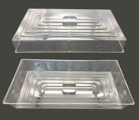 Top Notch Clear Humidity Dome Set For Seed Trays, 10 Pack 1020 Tray Covers, clear durable plastic, shown stacked, 21.5 x 11.5 x 3.15 inches.