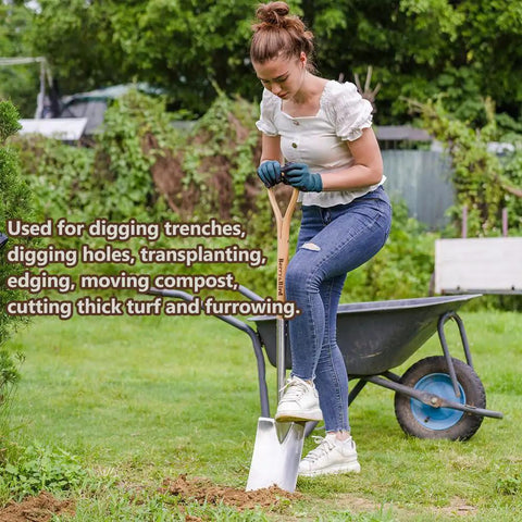 Person using Heavy Duty 41 Inch Stainless Steel Border Spade With D Grip Handle For Garden Digging And Transplanting in yard.