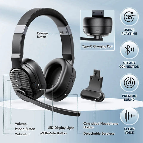 Trucker Bluetooth Headset With Noise Canceling Microphone And Long Battery Life Wireless Headphones With Detachable Ear Pad Single And Dual Mode For Office Driving And Home