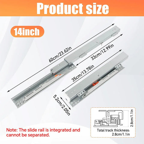 14-inch Full Extension Undermount Drawer Slides Soft Close Bottom Mount Glide Tracks dimensions for pantry and cabinet use.