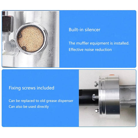 No Frills Heavy Duty Pneumatic Grease Pump For 5 Gallon Drums showing built-in silencer and included fixing screws.