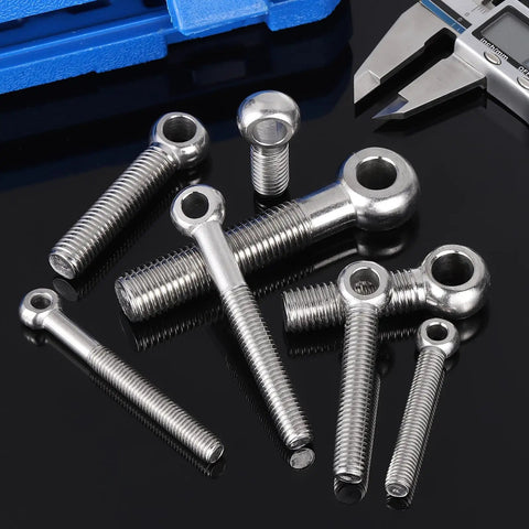 Six Pack Of M5x20mm Shoulder Swing Eye Bolts Made From Tough 304 Stainless Steel For Heavy Duty Rigging Hardware And Marine Attachments That Are Straight Up Badass And Grip Your Rig Tight With Zero Drama on a dark background.