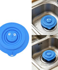 Drain Unclogger Flexible Bath Drain Cover Sealing Stopper in blue silicone placed on a sink drain.