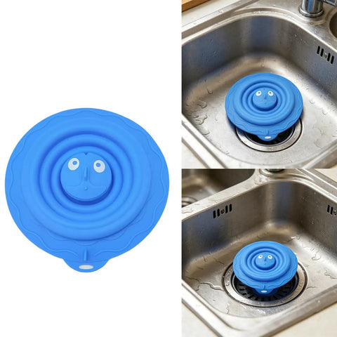 Drain Unclogger Flexible Bath Drain Cover Sealing Stopper in blue silicone placed on a sink drain.