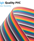 Close-up of colorful PVC cables showing flexibility, part of the Breadboard Jumper Wire Kit 360 Pieces With 10cm, 20cm, And 30cm Cables Including Male To Female, Male To Male, And Female To Female Connectors For Quick Arduino Raspberry Pi Prototyping, A No-Brainer Starter Pack.