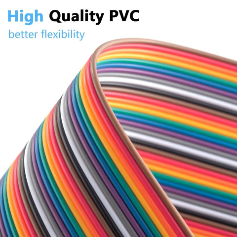 Close-up of colorful PVC cables showing flexibility, part of the Breadboard Jumper Wire Kit 360 Pieces With 10cm, 20cm, And 30cm Cables Including Male To Female, Male To Male, And Female To Female Connectors For Quick Arduino Raspberry Pi Prototyping, A No-Brainer Starter Pack.