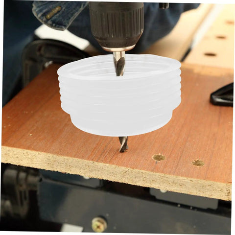 3 Pack Hole Saw Dust Collector Shields Clear Bubble Dome for Ceiling Drilling capturing debris while drilling into wood.