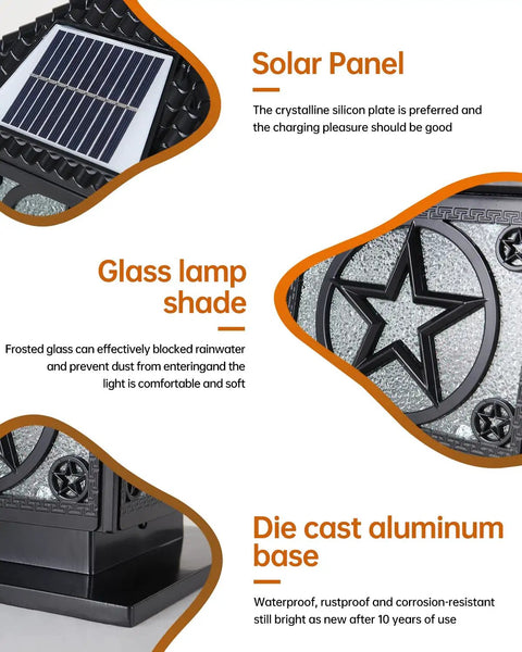 Outdoor Solar Post Light With Glass Lampshade Waterproof Pillar Lamp For Fence And Gate Aluminum Column Solar Powered Landscape And Courtyard Lighting - Details of solar panel, glass lampshade, and die-cast aluminum base