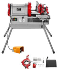 Top Tier 900W Electric Pipe Threader Machine With Foot Pedal for nailing smooth half to four inch cuts, compact design, and accessories.