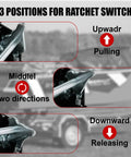 Heavy Duty 600 Lb Boat Trailer Winch With Black Polyester Strap showing three ratchet switch positions for pulling directions
