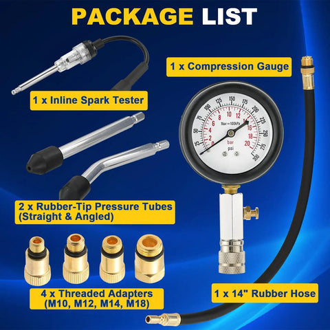 9 Piece Engine Compression Tester Kit With Spark Plug Tester For Gas Cars And Motorcycles 0 To 20 Bar And 0 To 300 Psi Cylinder Pressure Gauge