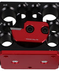Ultimate Adjustable 8-Hole Dowel Cutter Jig For Precision Woodworking With Durable Carbide Inserts And Rock Solid Build top view of aluminum jig with multiple hole sizes.