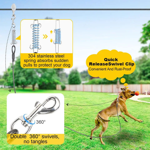 Backyard Dog Zip Line Runner Kit 150Ft Overhead Trolley System With 10Ft And 16Ft Heavy Duty Tie Out Cables For Two Pups