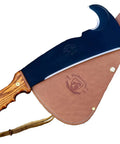 All In One Survival Machete And Brush Axe With Sheath For Camping Fishing Hunting And Bushcraft A Heavy Duty Outdoor Tool Built For Brush Clearing Digging And Trail Work, showing wood handle and leather sheath.
