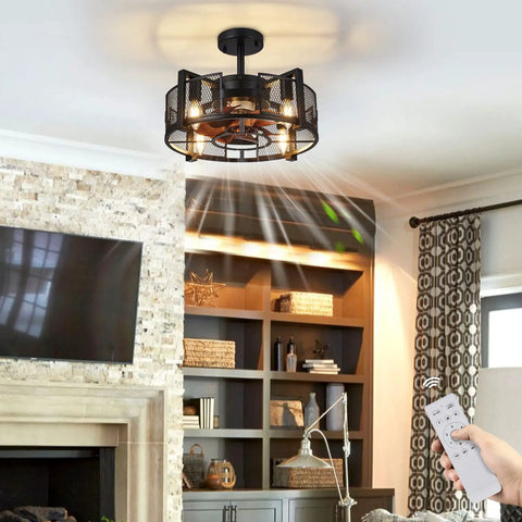 Industrial Style Ceiling Fan With Light For Living Room And Bedroom Black Enclosed Cage Ceiling Fan With Remote Six Speeds