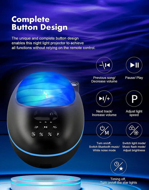 Aurora 4 In 1 Galaxy Star Projector With Bluetooth Speaker showcasing button controls and blue illuminated dome top