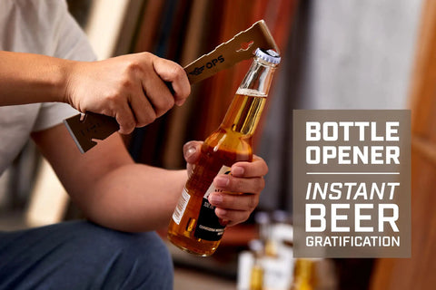Person using Pro Grade 9.5 Inch Trim Bar And Pry Bar Set with High Carbon Steel Built In Ruler to open a beer bottle.