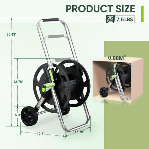 All Weather Garden Hose Reel Cart With Wheels Holds Seventy Five To One Hundred Fifty Feet Of Five Eighths Inch Hose Portable Hose Reel Cart With Adjustable Handle Quick Connect Fittings Durable Weather Resistant Frame For Easy Roll Mobility shown with dimensions