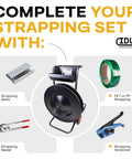 Heavy Duty Strapping Cart And Dispenser For Pet Polyester Banding With Mobile Rolling Stand Fits 16 Inch Cores Three Or Six Inches built with accessories for strapping setup.