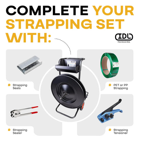 Heavy Duty Strapping Cart And Dispenser For Pet Polyester Banding With Mobile Rolling Stand Fits 16 Inch Cores Three Or Six Inches built with accessories for strapping setup.