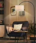 Slick Arc LED Floor Lamp With Marble Base For Living Room Rotatable Hanging Light Adjustable Arc Design Beige Linen Shade