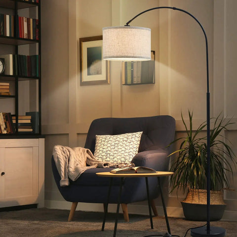 Slick Arc LED Floor Lamp With Marble Base For Living Room Rotatable Hanging Light Adjustable Arc Design Beige Linen Shade