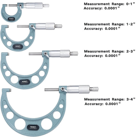 Outside Micrometer Set 0 To 4 Inches Pro Grade Machinist Tool Kit With Carbide Tipped Measuring Heads Ultra Precision 0.001 Inch Graduation Plus Or Minus 0.0001 Inch Accuracy Ratchet Stop For Consistent Pressure Protective Case, showing micrometers with measurement ranges labeled from 0-1 to 3-4 inches.