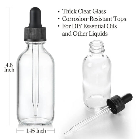 No Sweat Bundle Of Four 2 Oz Clear Glass Eye Dropper Bottles With Tight Black Lids And Leak Proof Seal Comes With A Smart Steel Pouring Funnel Plus Clean Adhesive Tags Totally Straight Up For Essential Oils