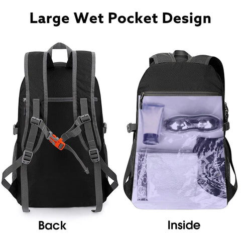 Back and inside view of 40L Lightweight Packable Hiking Backpack With Wet Pocket Waterproof Daypack For Travel Camping.