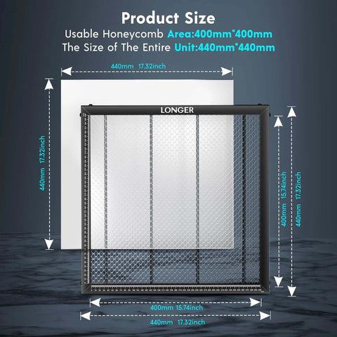 Longer honeycomb table for laser engraver, front view; aluminum frame, 400x400 mm usable bed inside 440x440 mm unit