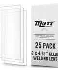Premium 0.04 Inch Clear Welding Lens 2x4.25 For Welding Helmets Replacement Lens For Standard Helmets Pro Grade Visibility Durable Shield Anti Scratch Impact Resistant ANSI Z87.1 Compatible showing 25-pack in box and three lenses.