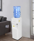 Top Loading Water Cooler For 5 Gallon Bottles With Hot Cold And Warm Water Three Temperature Options And Child Safety Lock Quiet Home Office Dispenser Durable White Construction For Everyday Use in a living room setting