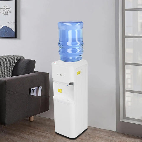 Top Loading Water Cooler For 5 Gallon Bottles With Hot Cold And Warm Water Three Temperature Options And Child Safety Lock Quiet Home Office Dispenser Durable White Construction For Everyday Use in a living room setting