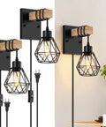 Killer Plug In Wall Sconces Set Of Two With Vintage Wood Accents And Matte Black Bases, wall-mounted with cord control.