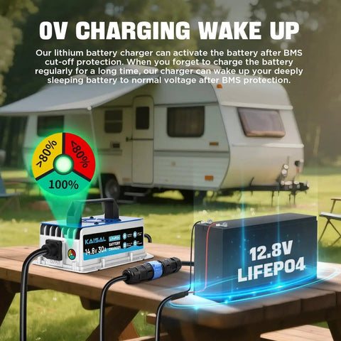 Heavy Duty 12V 30A LiFePO4 Battery Charger With 14.6V Output, shown with battery and RV, IP67 Waterproof design