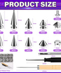 455 Piece Punk Studs Kit For Clothing And Accessories With Metal Spikes And Leather Rivets DIY Punk Style Decoration Clothes Shoes Belts And Dog Collars Includes Cone And Pyramid Studs Round Dome Rivets With Puncher Awl Screwdriver And Storage Box image showing metal spike sizes and screwdrivers.