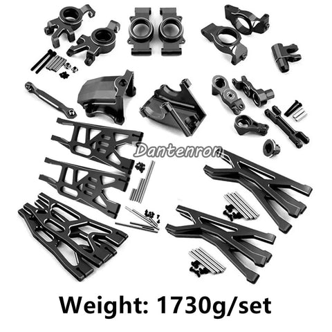 CNC aluminum Traxxas X-Maxx 1/5 RC Upgrade Parts Kit for 6S 8S, including swing arms, steering group, rear axle mounts, and gearbox shells.