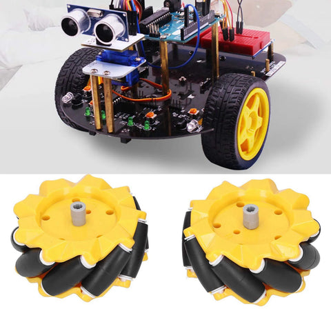 80mm mecanum wheel module pair installed on a DIY robot car, yellow hubs and black rollers