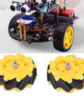 Omnidirectional Mecanum Wheel For DIY Robotics, 80mm Size, Four Wheel Drive Omnidirectional Wheel With Drift And 45 Degree Tilt, Smart Robot Auto Parts And Toy Components, Yellow Black Finish, 16x8x5, shown on a DIY robot and separately.