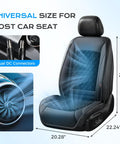 Chill Out Behind The Wheel With This Universal Fit Ventilated Car Seat Cover Packing Quick Three Speed Cooling Fans And Super Breezy Leather Mesh That Keeps You Crisp And Comfy All Summer Long, featuring dimensions and dual DC connectors.