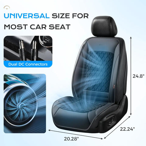 Chill Out Behind The Wheel With This Universal Fit Ventilated Car Seat Cover Packing Quick Three Speed Cooling Fans And Super Breezy Leather Mesh That Keeps You Crisp And Comfy All Summer Long, featuring dimensions and dual DC connectors.