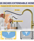 TOYWIA Kitchen Faucets with Pull Down Sprayer, showing 20-inch extendable hose and 360° swivel nozzle for easy cleaning.