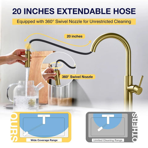 TOYWIA Kitchen Faucets with Pull Down Sprayer, showing 20-inch extendable hose and 360° swivel nozzle for easy cleaning.