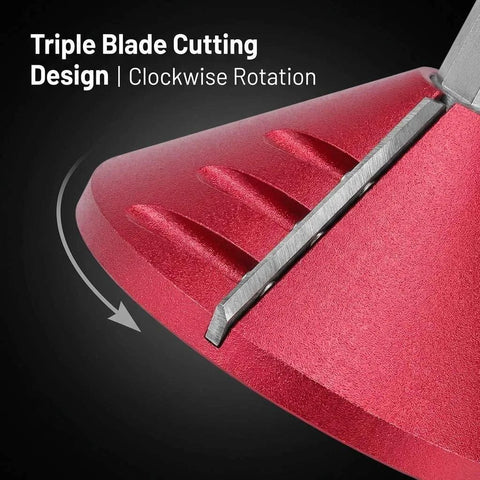 QWORK 2-in-1 PVC pipe deburring and chamfer tool, red head with triple-blade design.