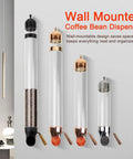 Wall Mounted Coffee Bean Dispenser With Adjustable Pour Spout And Airtight Lid Keeps Your Kitchen Game Strong By Storing Nuts Candy And Tea In Sleek Stainless Steel And Borosilicate Glass Without Making A Mess At All. Images of multiple wall-mounted dispensers with varying lids and designs.