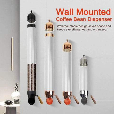 Wall Mounted Coffee Bean Dispenser With Adjustable Pour Spout And Airtight Lid Keeps Your Kitchen Game Strong By Storing Nuts Candy And Tea In Sleek Stainless Steel And Borosilicate Glass Without Making A Mess At All. Images of multiple wall-mounted dispensers with varying lids and designs.