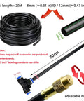 Greenhouse Drip Irrigation Kit With 20 Brass 360 Degree Adjustable Nozzles, 65 Ft 1/2 Inch Tubing components and dimensions